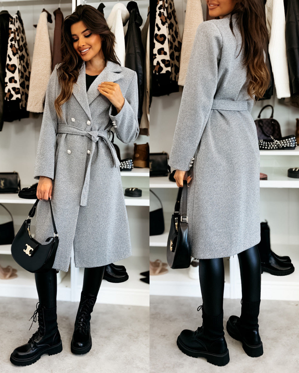 Damen eleganter Knielanger Trenchcoat mit Gürtel und doppelter Knopfleiste Stalluxe
