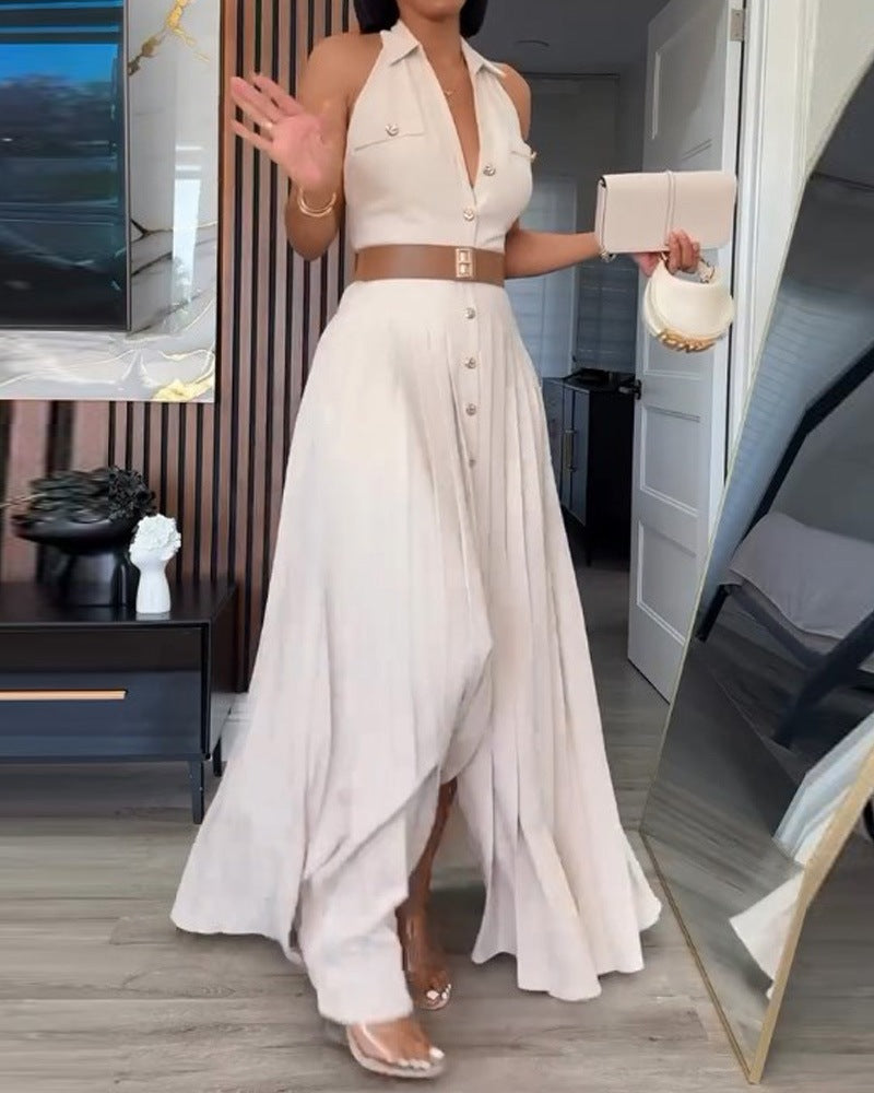 Damen Elegantes Maxikleid mit tiefem V-Ausschnitt und schmeichelndem Taillengürtel Stalluxe