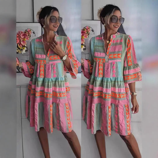 Damen luftiges Boho-Kleid mit eingewebten Mustern und kurzen Ärmeln Stalluxe