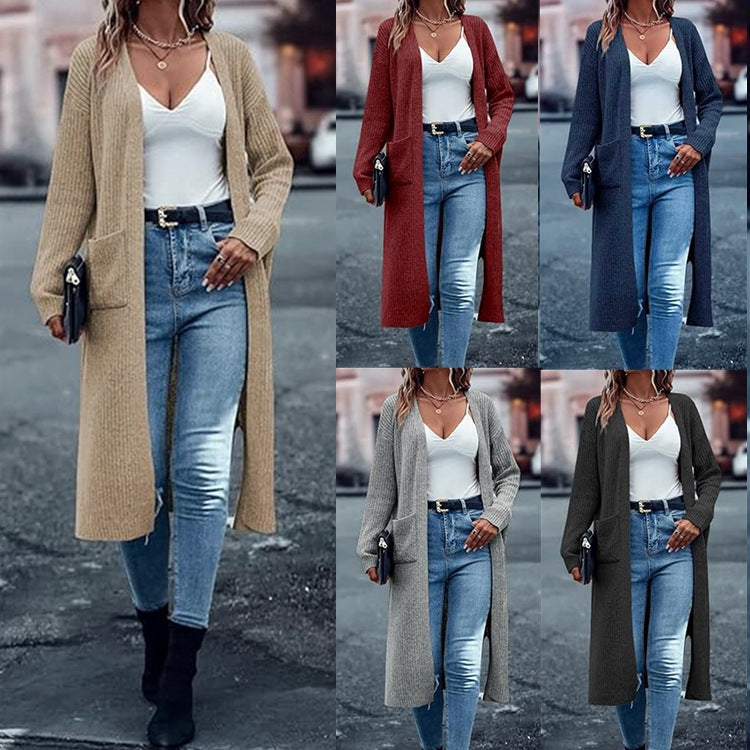 Damen Langer Strickcardigan mit tiefen Taschen und offenem Schnitt Stalluxe