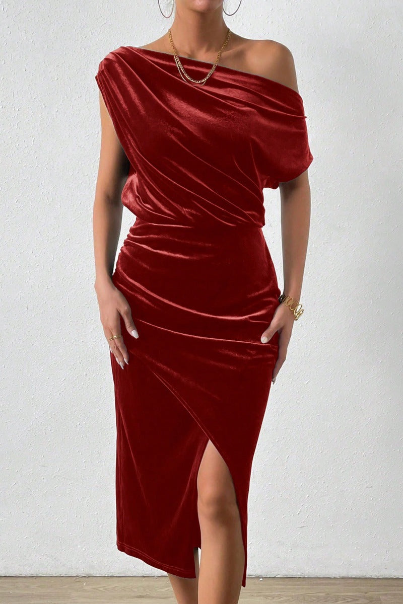 Damen elegantes Wickelkleid mit asymmetrischem Ausschnitt und seitlichem Schlitz Stalluxe