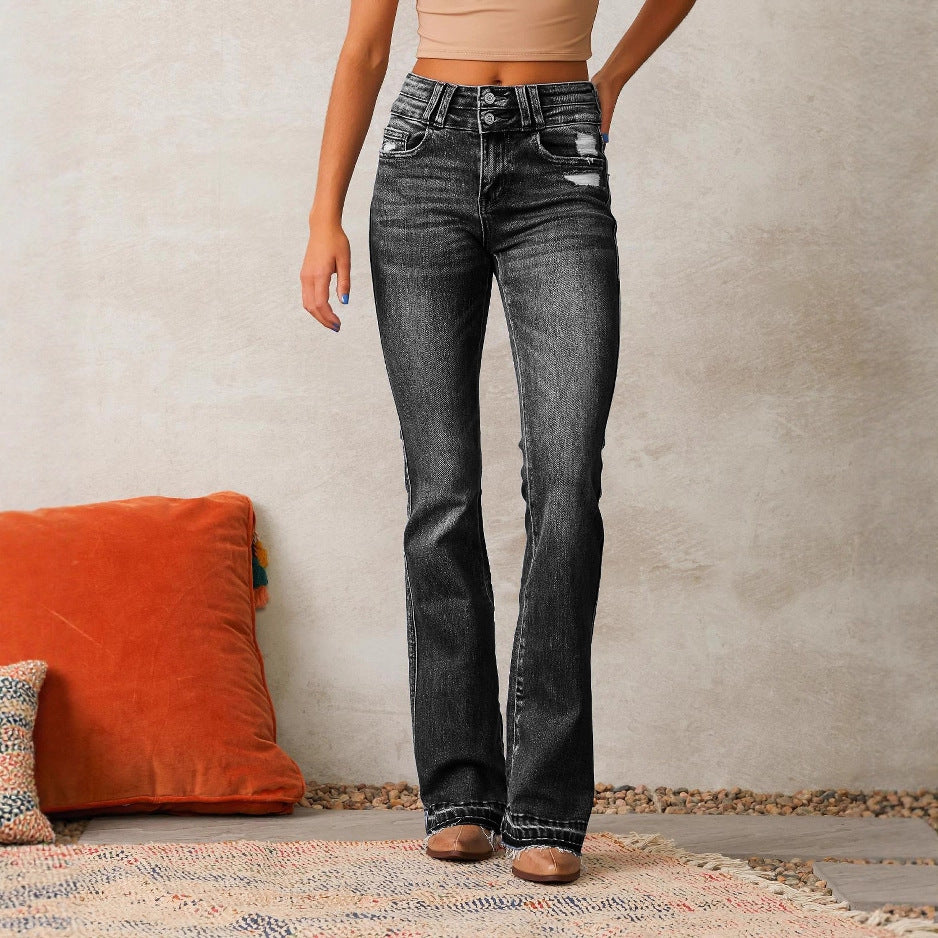 Damen Flared Jeans mit hohem Bund und modischen Destroyed-Details Stalluxe