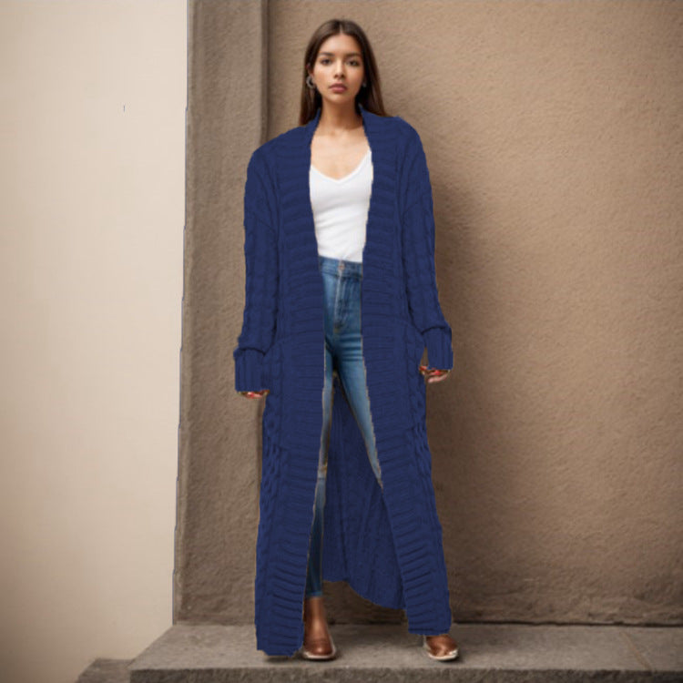 Damen Langer Strickcardigan mit raffiniertem Zopfdesign und praktischen Taschen Stalluxe