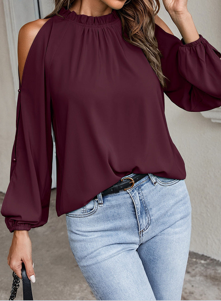 Damen Off-Shoulder Bluse mit ballonförmigen Ärmeln und Rüschenkragen Stalluxe