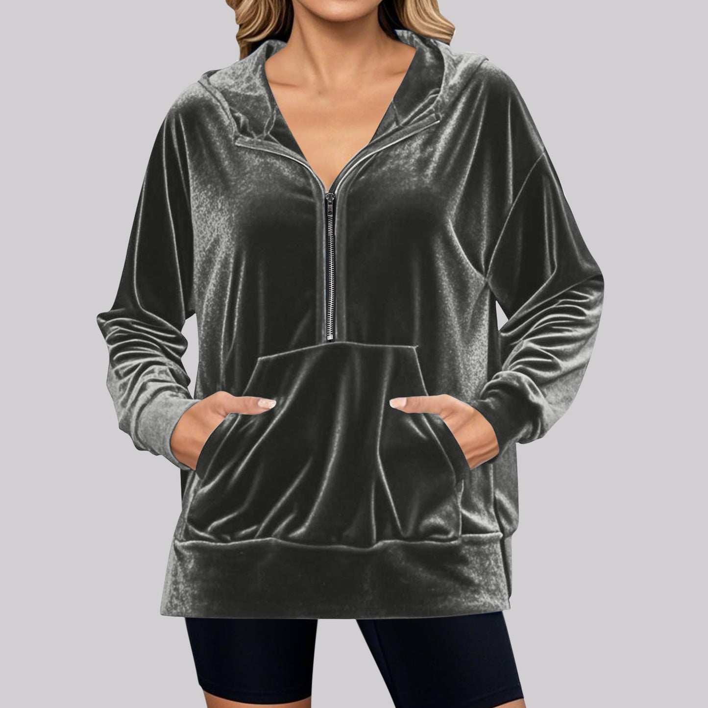 Damen Hochwertiger Kapuzenpullover aus Samt mit Reißverschluss Stalluxe