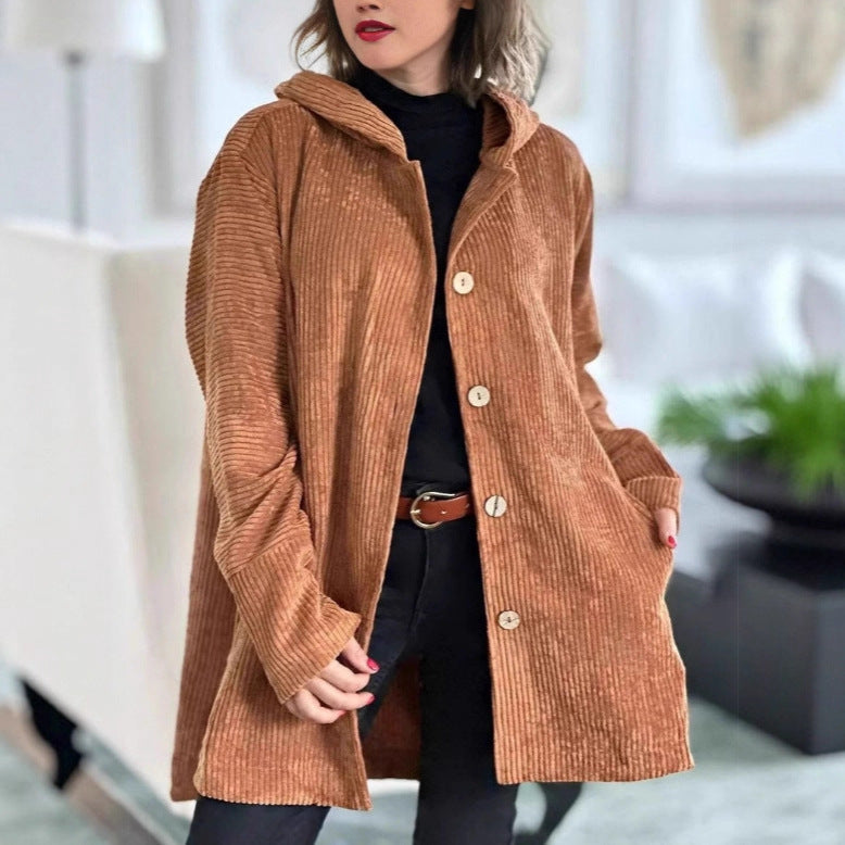 Damen Lässige cordjacke mit Kapuze und großen Knöpfen Stalluxe