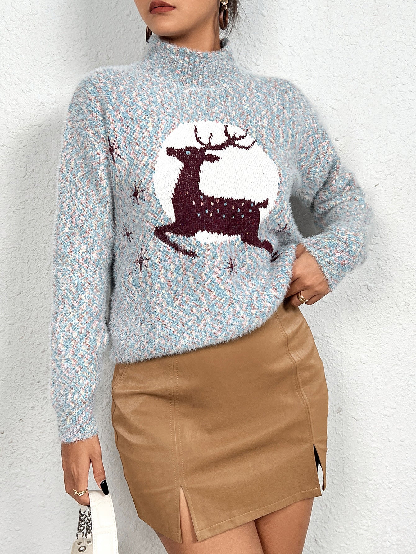 Damen Strickpullover mit festlichem Rentiermotiv und hochgeschlossenem Kragen Stalluxe