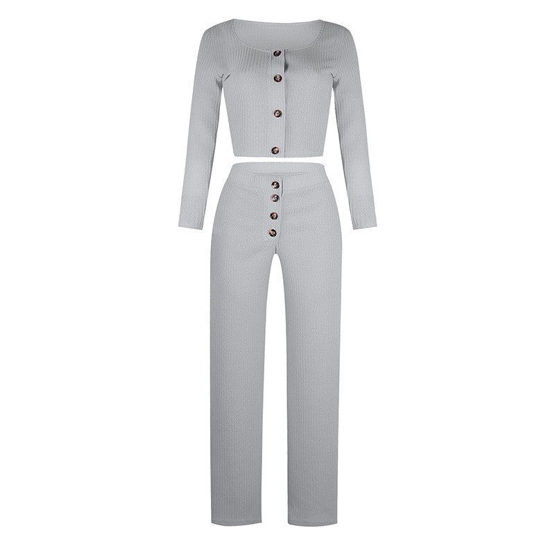 Damen modisches Strick-Set mit Knopfdetail und langem Ärmel Stalluxe