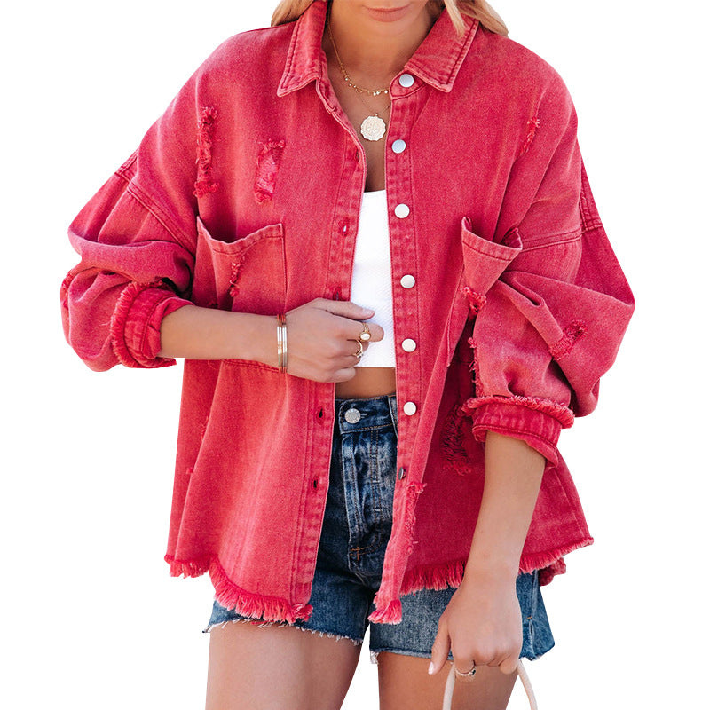 Damen Oversized Denim-Bluse mit Fransen Stalluxe