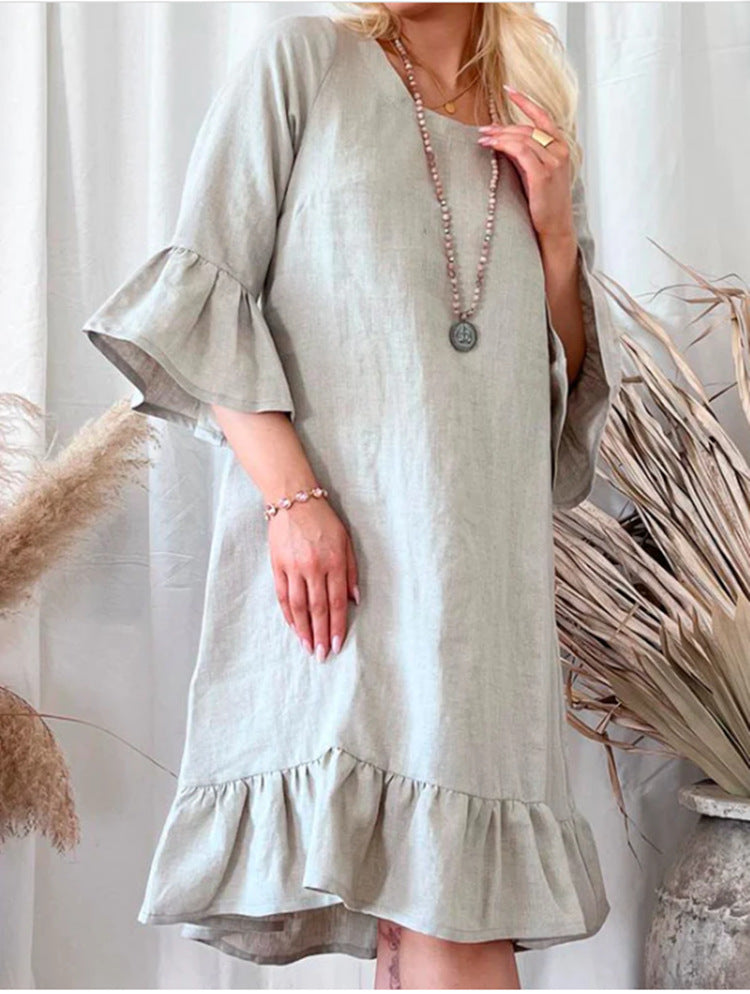 Damen Leichtes Leinenkleid mit Rüschendetails und weitem Schnitt Stalluxe