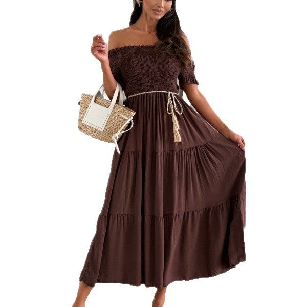 Damen Off-Shoulder Maxikleid mit elastischem Taillenband und fließendem Rock Stalluxe