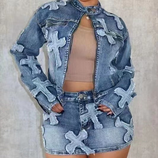 Damen Jeansjacke mit kreativen Applikationen und oversized Schnitt Stalluxe