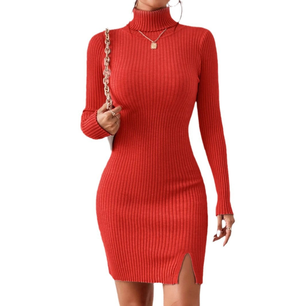Damen elegantes Rippstrickkleid mit Stehkragen und seitlichem Schlitz Stalluxe