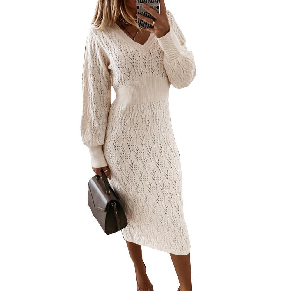 Damen Strickkleid mit halbtransparentem Muster und schickem V-Ausschnitt Stalluxe