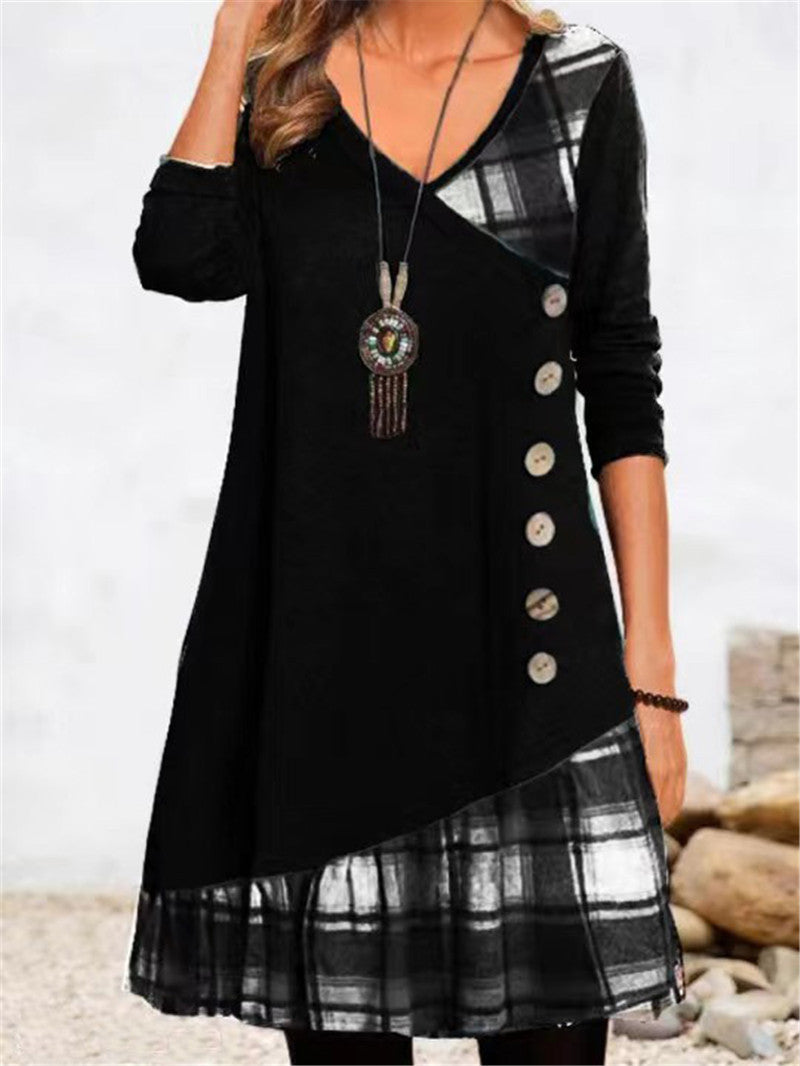 Damen asymmetrisches Freizeitkleid mit kariertem Saum und Knopfdetail Stalluxe