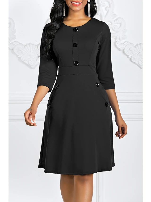 Women's Classic Three-Quarter Sleeve Button-Detail Dress Stalluxe