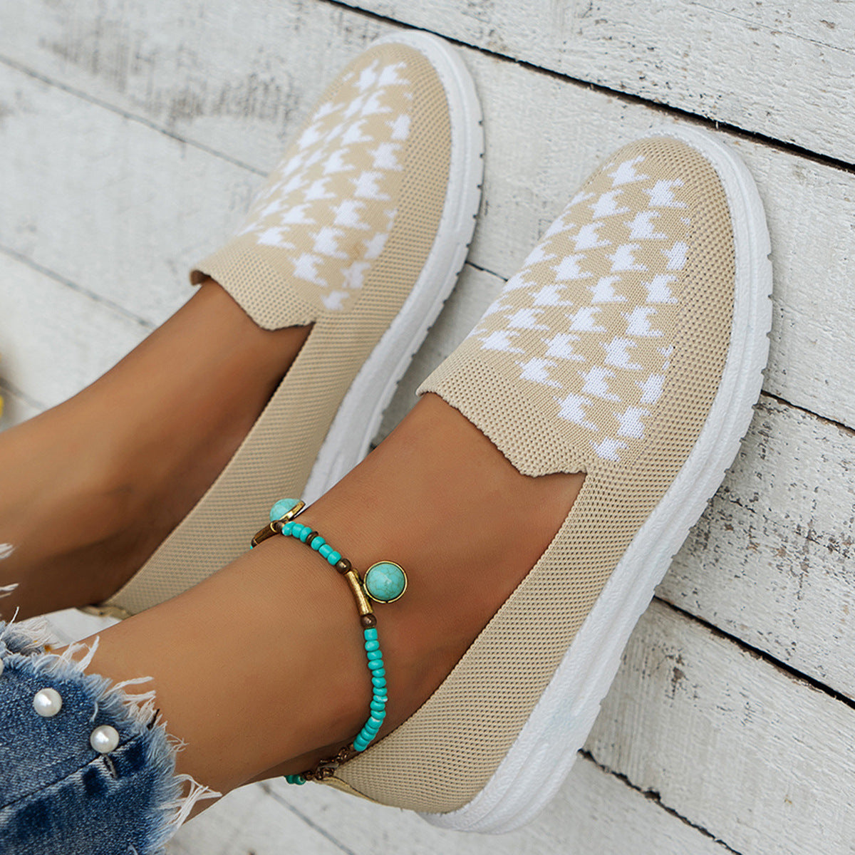 Damen bequeme Slip-On Sneakers im modernen Hahnentrittmuster Stalluxe