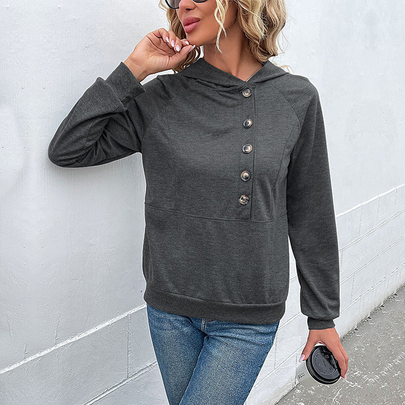 Damen lässiger Kapuzenpullover mit Knopfleiste und Raglanärmeln Stalluxe
