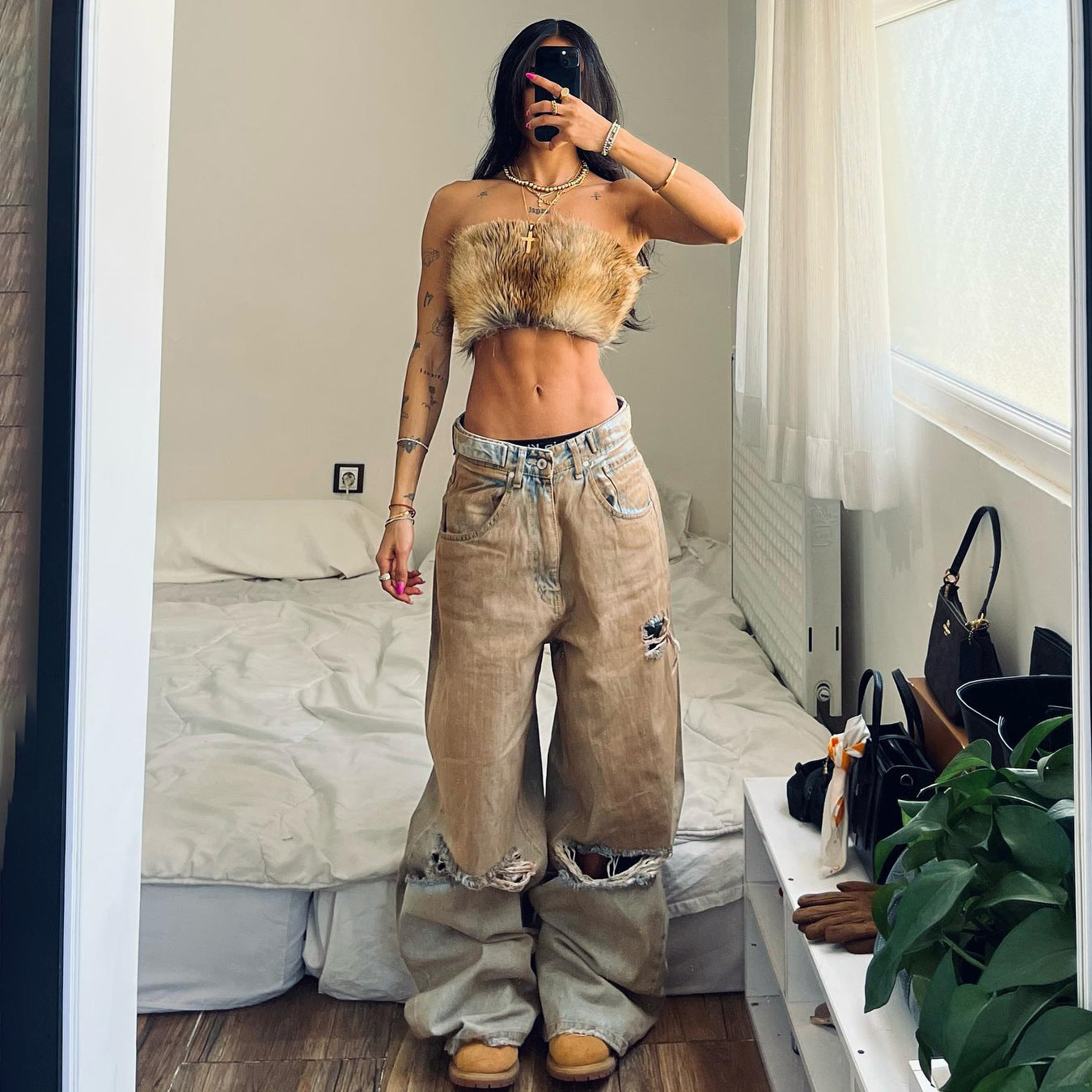 Damen Baggy Jeans mit ausgefranstem Saum und used Look Stalluxe