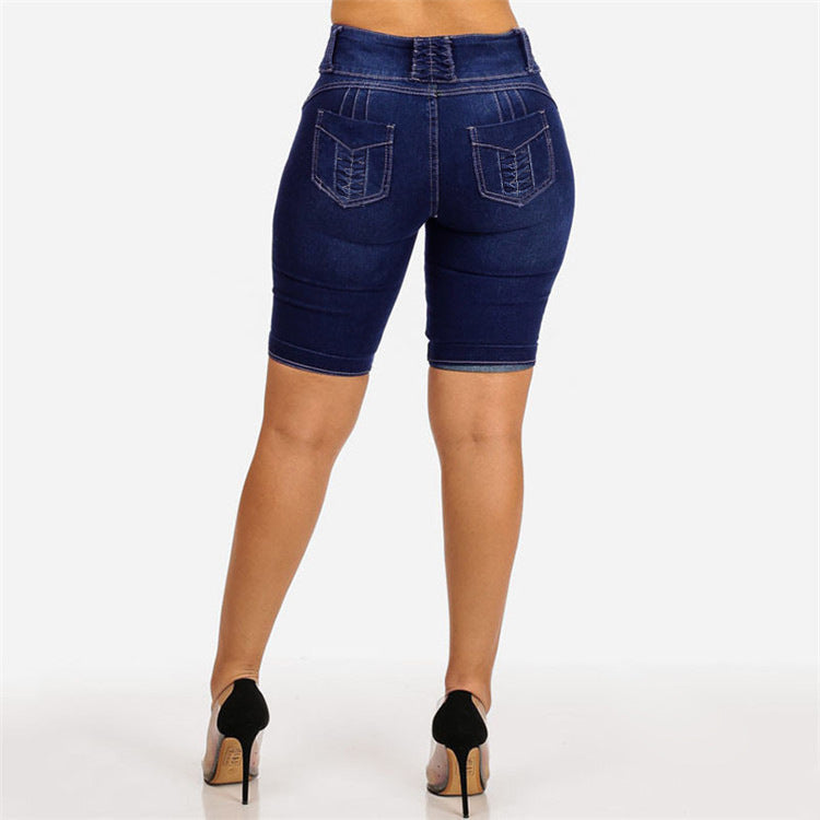 Damen Jeansbermuda mit hohem Bund und Knopfdetail Stalluxe