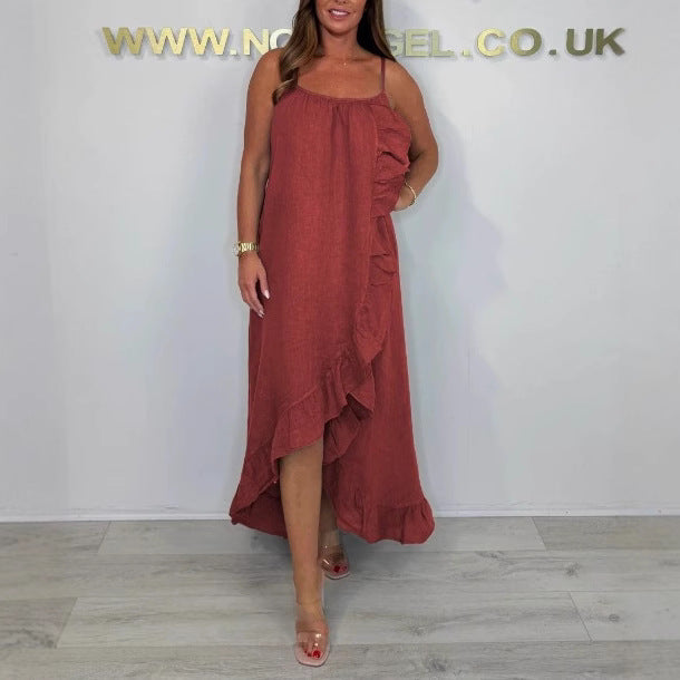 Damen luftiges Maxikleid mit asymmetrischem Saum und feinen Rüschendetails Stalluxe