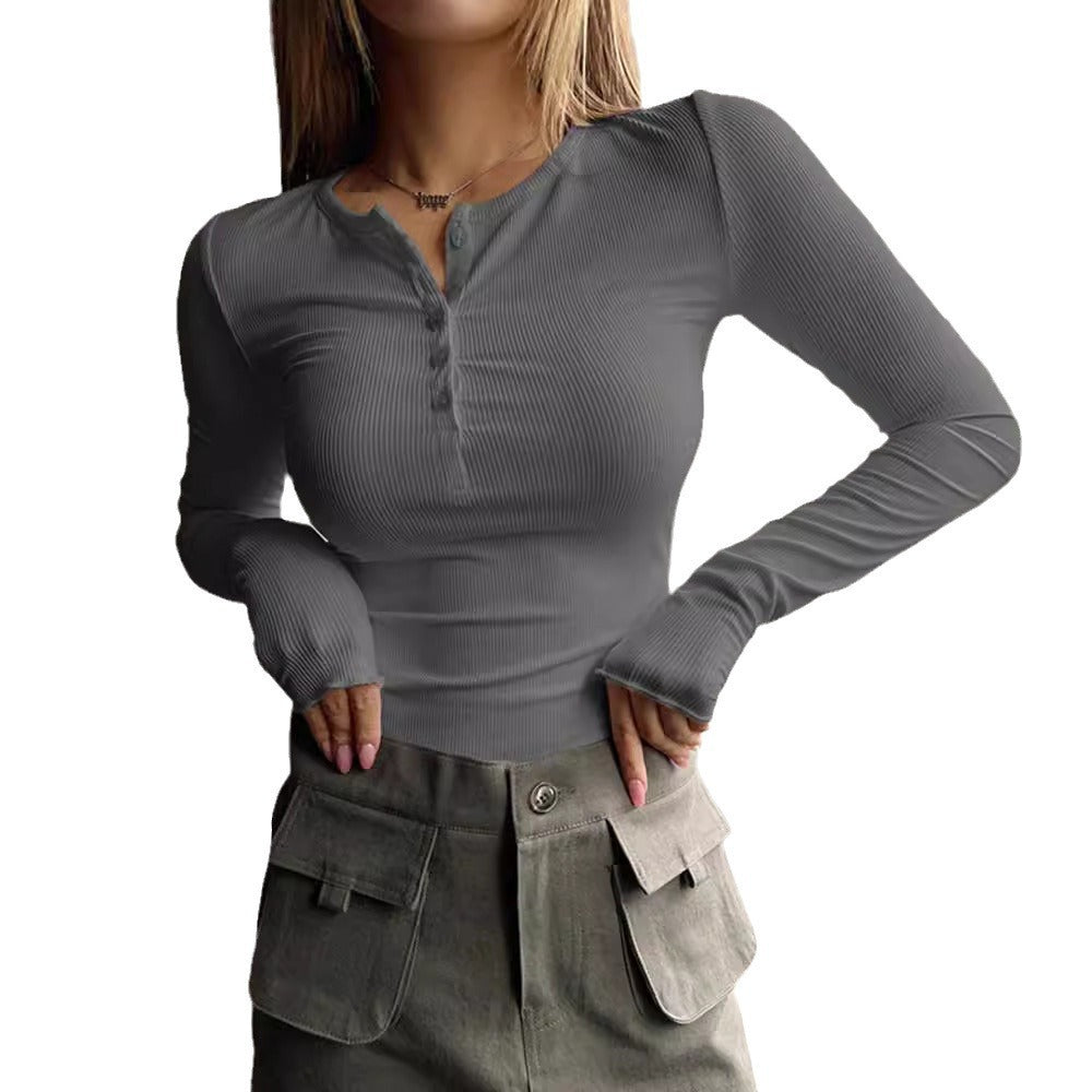Women's Ribbed Long Sleeve Henley Top Stalluxe