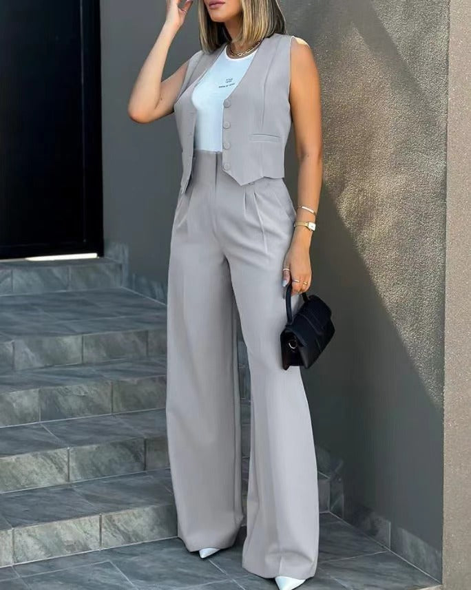 Damen Elegantes Hosenanzug-Set mit ärmellosem Blazer und weitem Schnitt Stalluxe