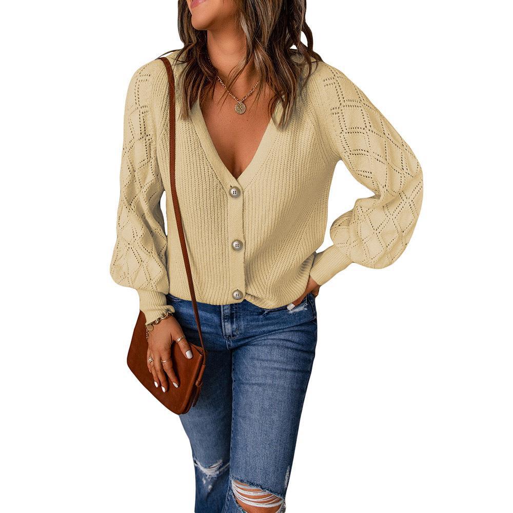 Damen Strickjacke mit V-Ausschnitt und modischen Puffärmeln Stalluxe