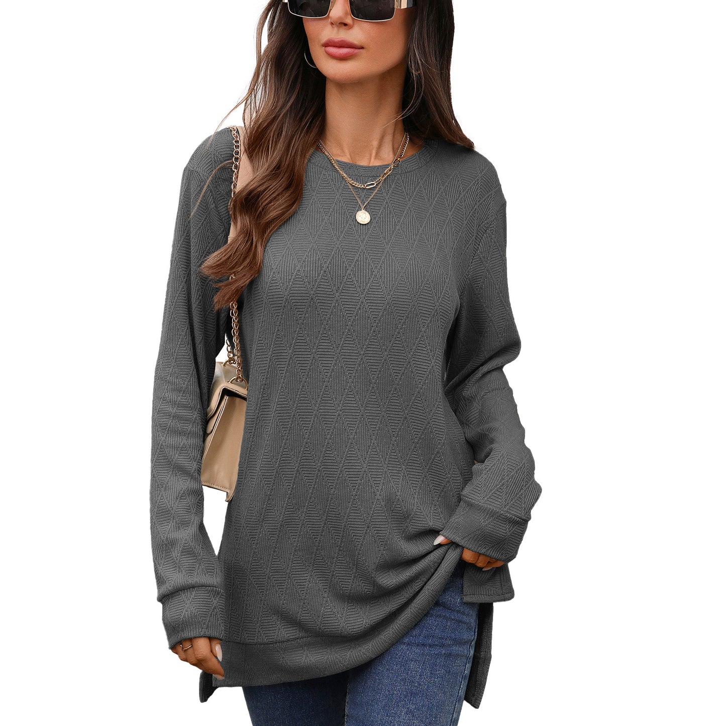 Damen Langarmshirt mit strukturiertem Muster und seitlichen Schlitzen Stalluxe
