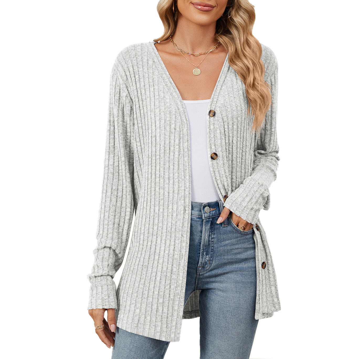 Damen lässige Strickjacke mit feiner Rippstruktur und praktischen Knöpfen Stalluxe
