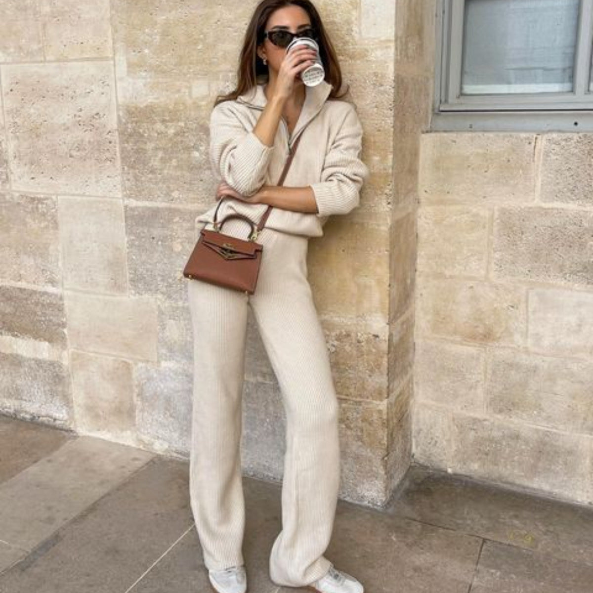 Damen kuscheliges Strick-Loungewear-Set mit hoch geschlossenem Kragen Stalluxe