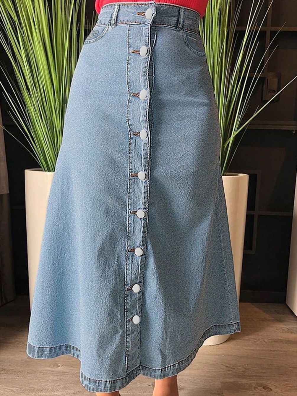 Damen Denim-Midirock mit Knopfverschluss und weitem Schnitt Stalluxe