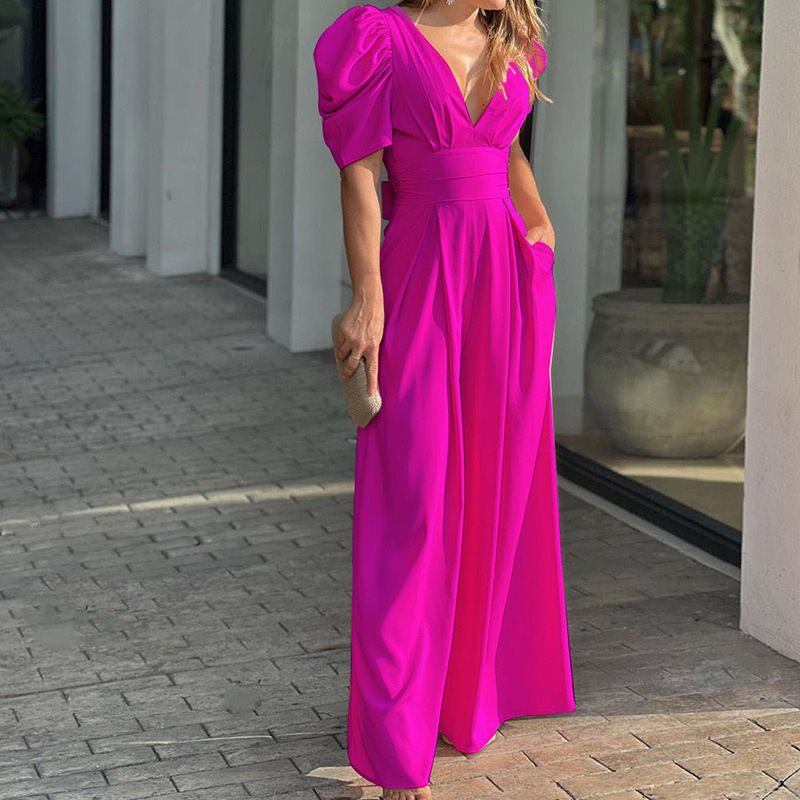 Damen elegantes Maxikleid mit Puffärmeln und tiefem V-Ausschnitt Stalluxe
