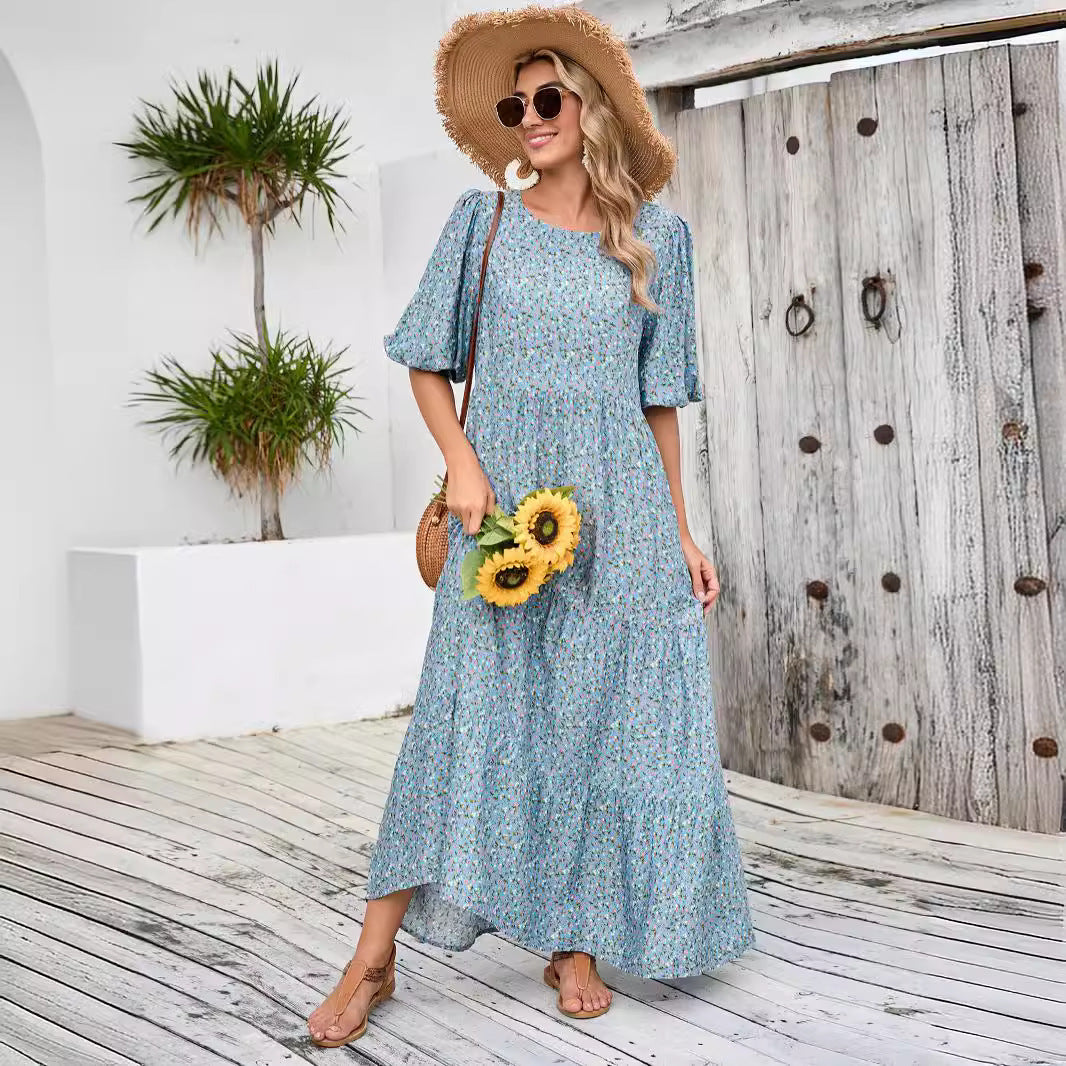 Damen Maxikleid mit nostalgischem Blumendruck und weiten Ärmeln Stalluxe