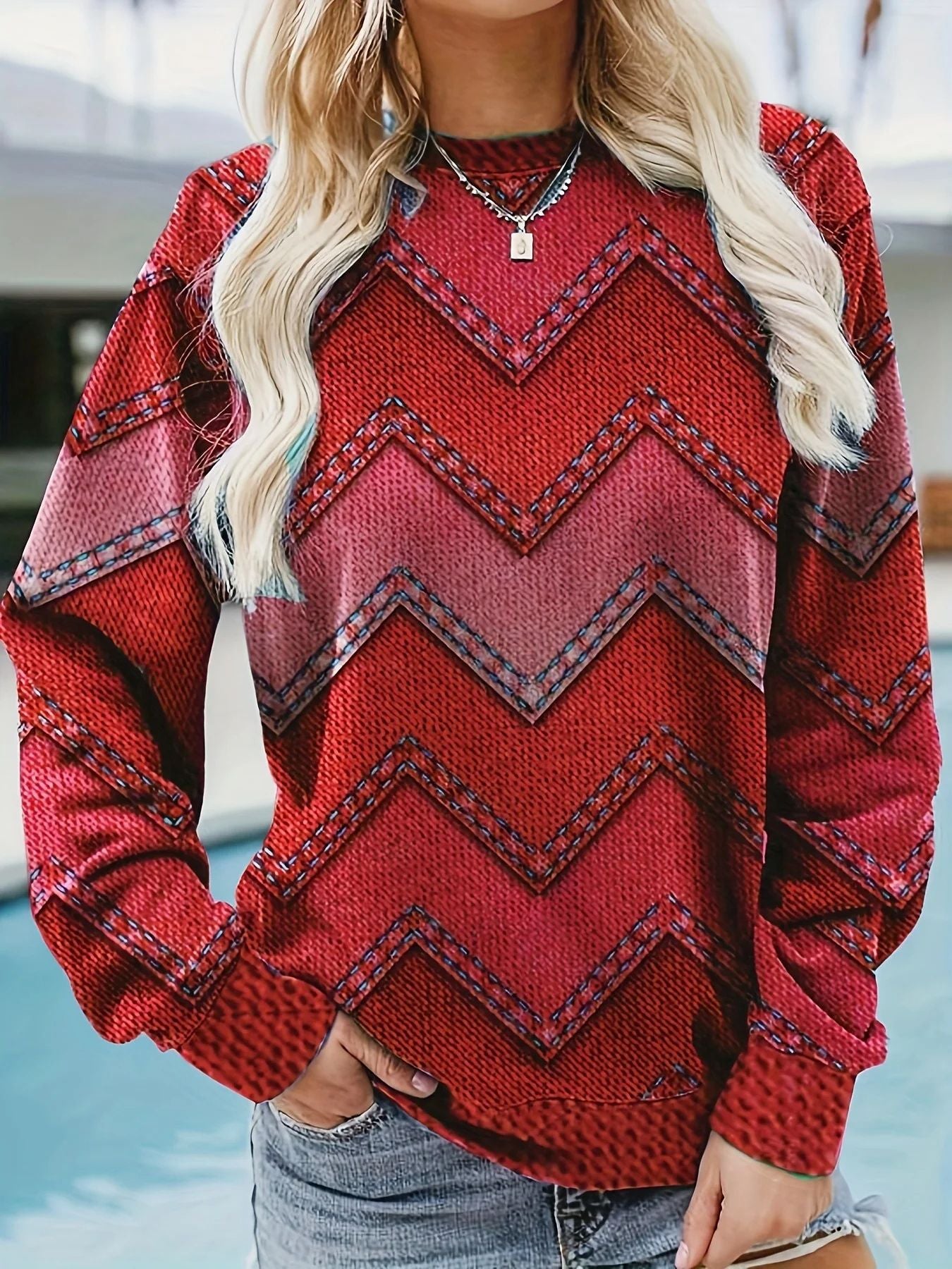 Damen Sweatshirt mit markantem Denim-Zickzack-Muster Stalluxe