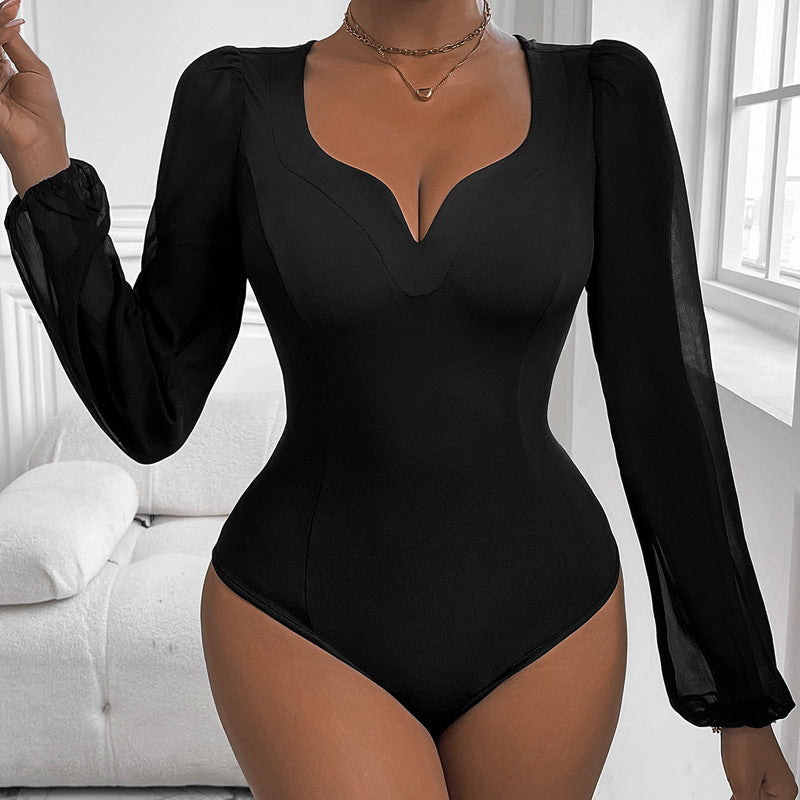 Damen Eleganter Body mit romantischen Puffärmeln und V-Ausschnitt Stalluxe