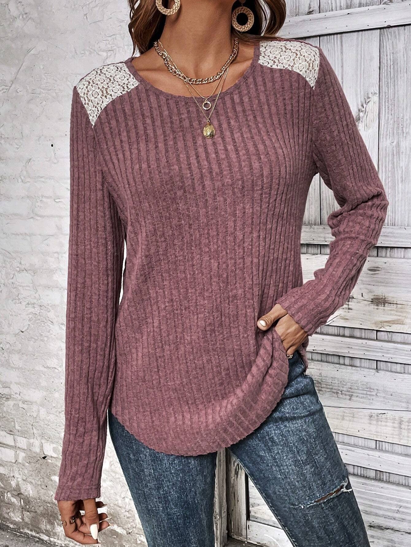 Women's Ribbed Knit Lace-Trimmed Sweater Stalluxe