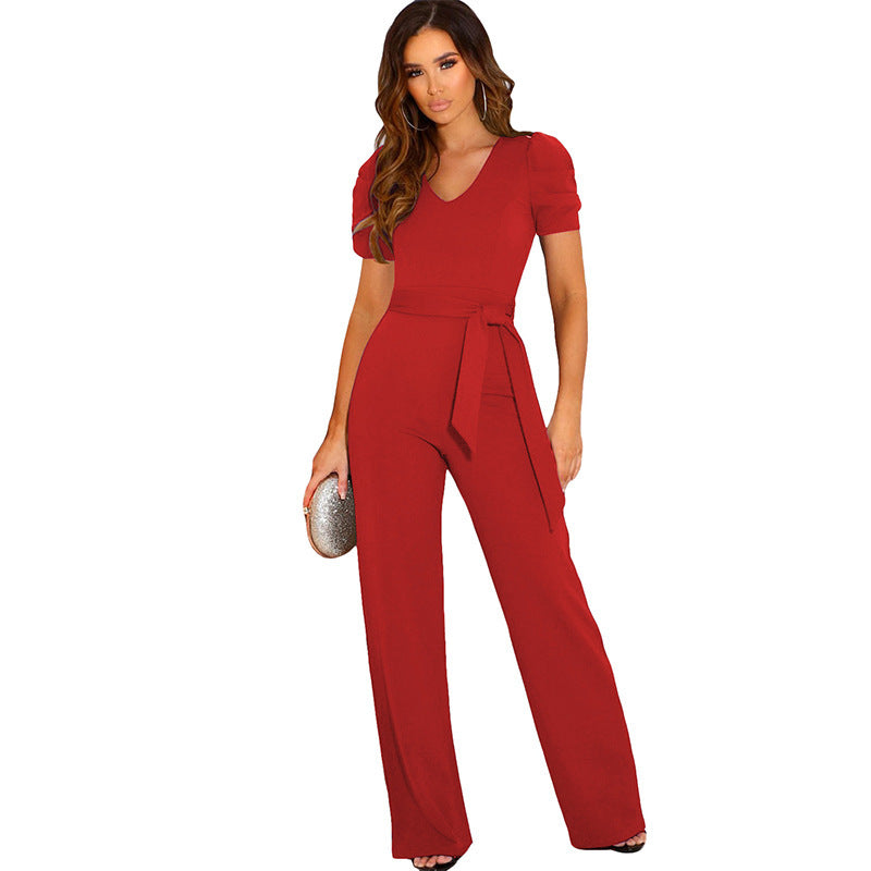 Damen Eleganter Jumpsuit mit Taillengürtel und Puffärmel Stalluxe