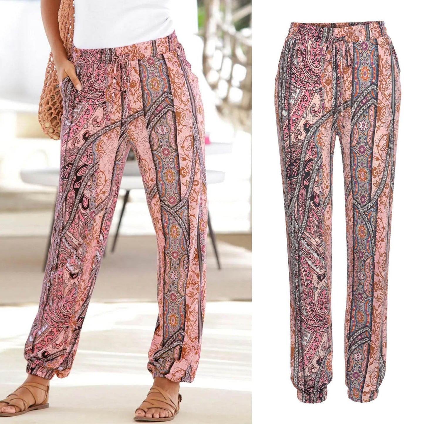 Damen Elegante Blumendruck-Hose mit Elastischem Bund und Seitentaschen Stalluxe