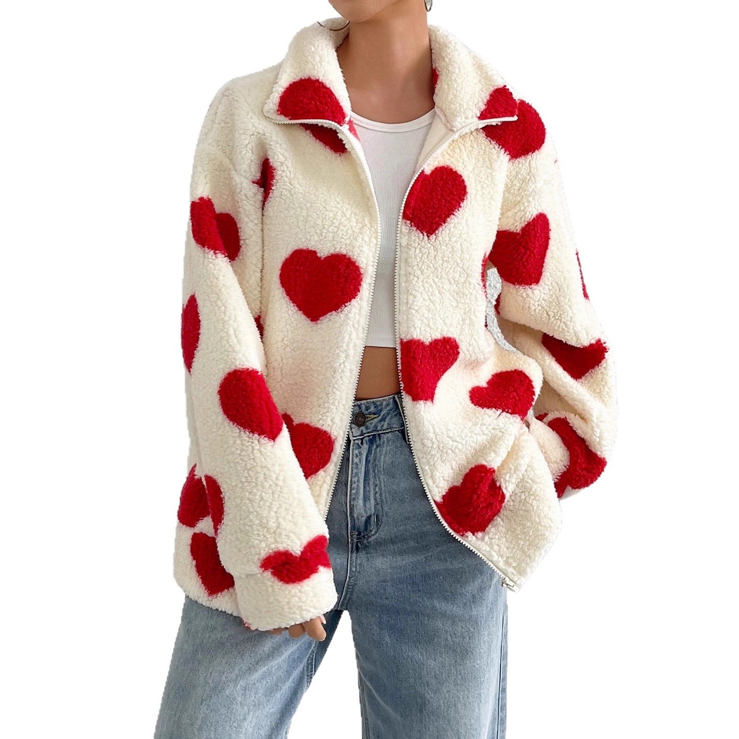 Damen kuschelige Fleecejacke mit herzförmigem Muster und hohem Kragen Stalluxe