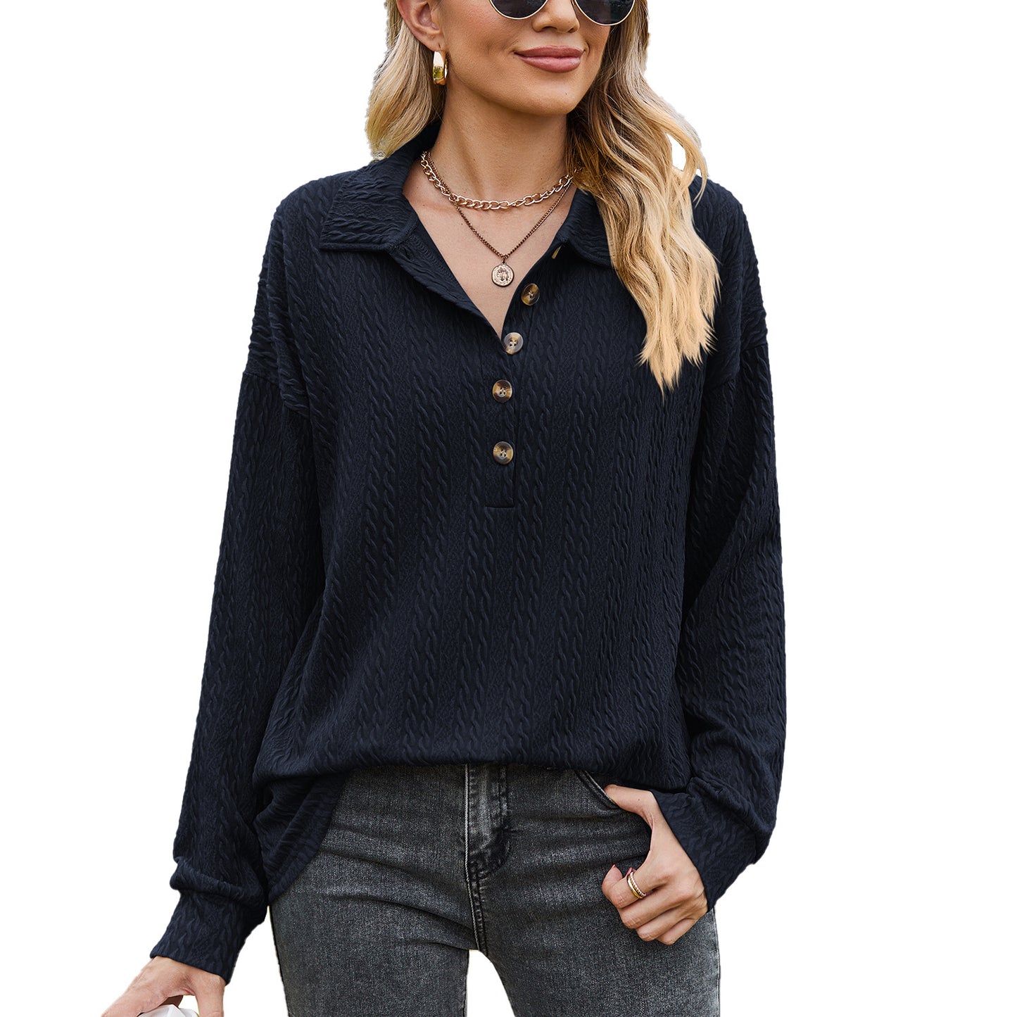 Damen Langarmshirt mit strukturiertem Kabelstrick und modischem Kragen Stalluxe