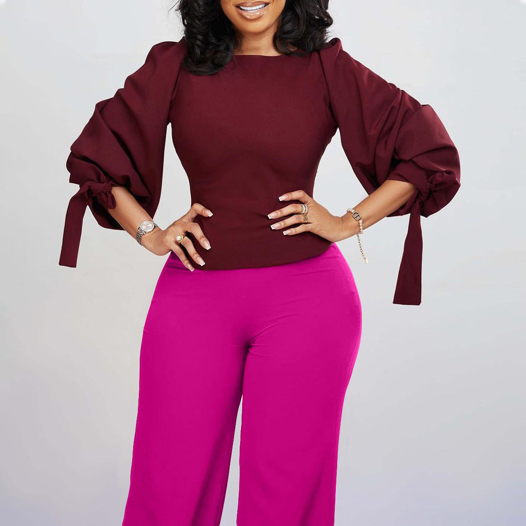 Damen eleganter Jumpsuit mit schicker Schleifenärmel und weitem Bein Stalluxe