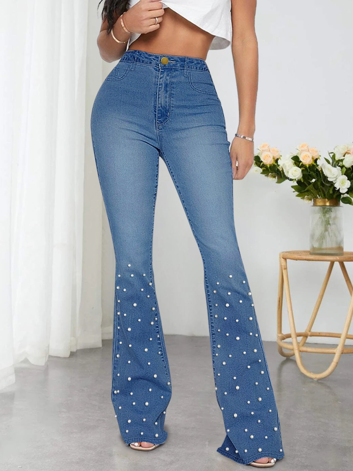 Damen Flared Jeans mit eleganten Perlenapplikationen Stalluxe