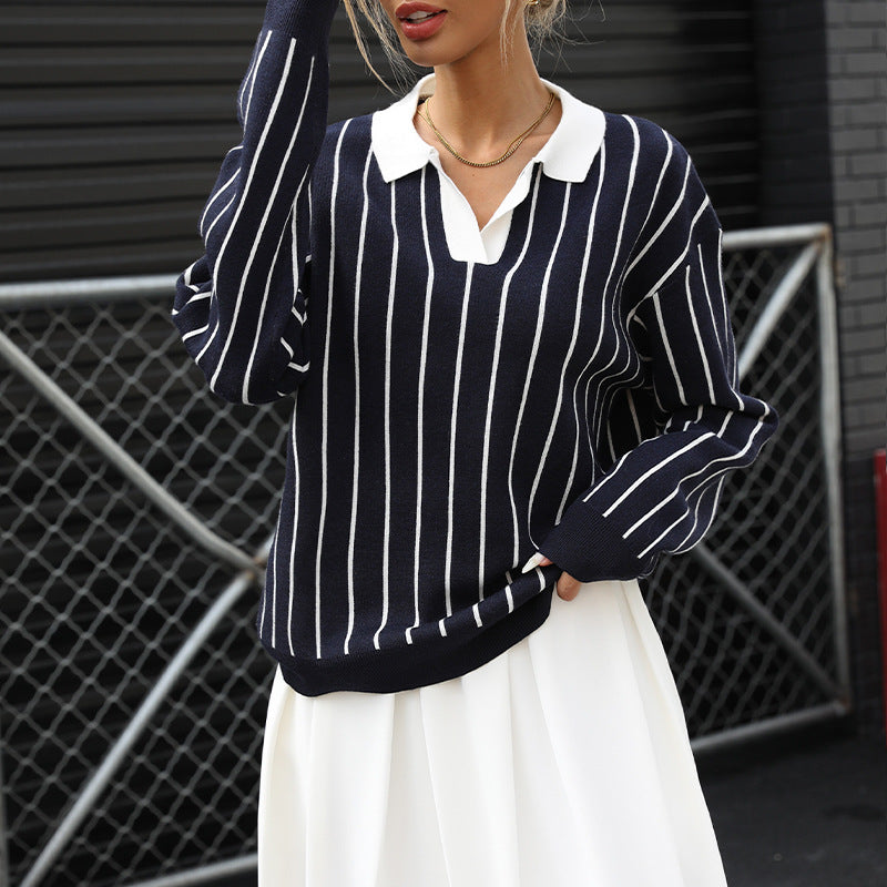 Damen knit Pullover mit eleganter Kragen und Streifenmuster Stalluxe
