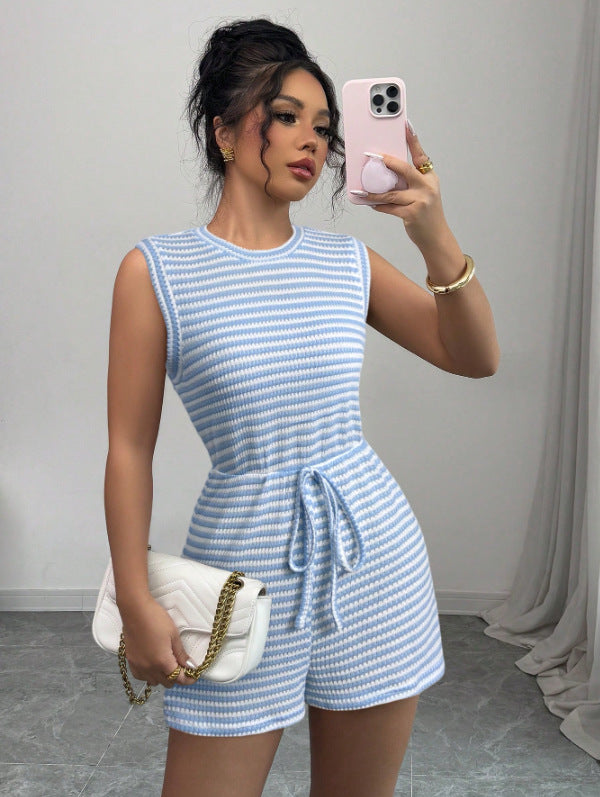 Damen gestreifter Kurzoverall mit Taillenzug Stalluxe