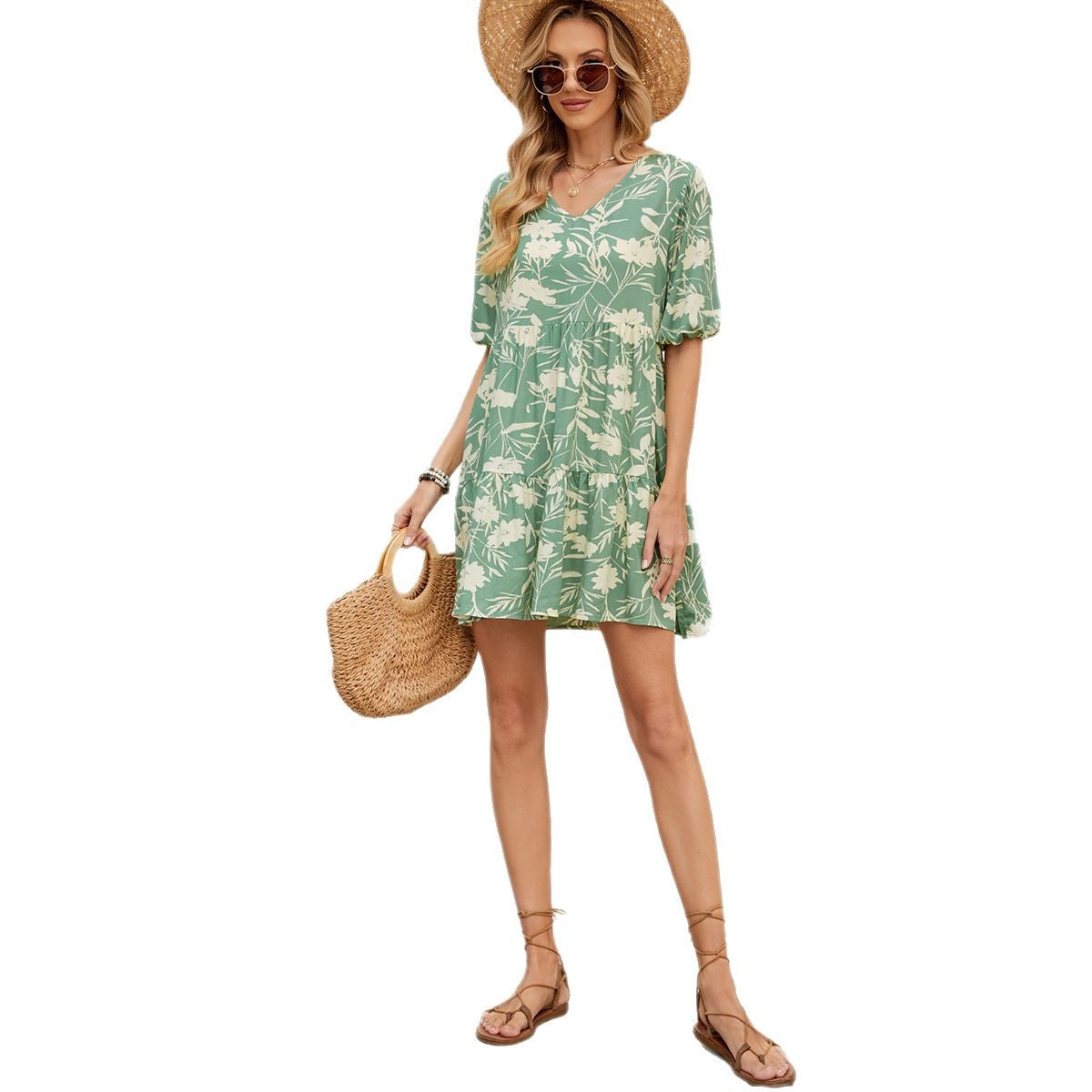 Damen V-Ausschnitt Sommerkleid mit voluminösen Ärmeln und floralem Design Stalluxe