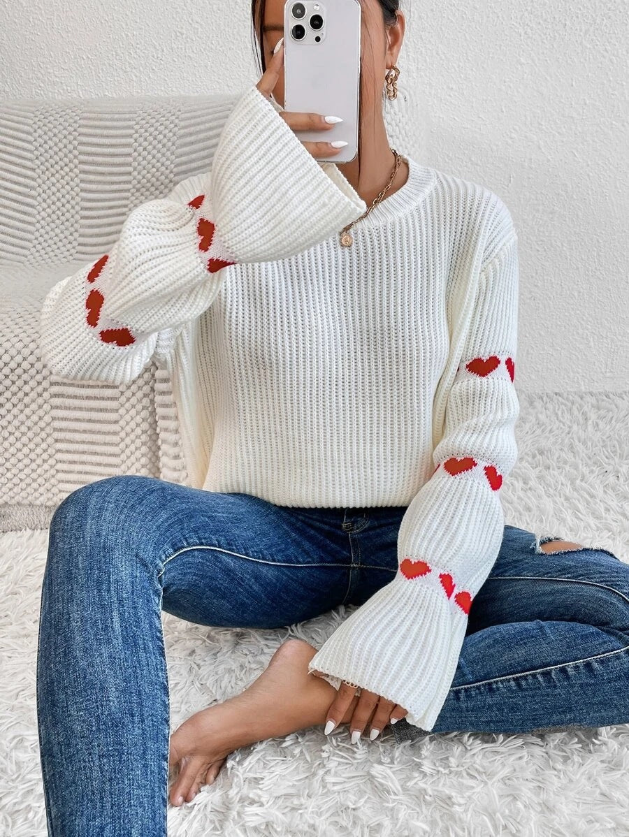 Damen lässiger Strickpullover mit Herzmuster und weitem Arm Stalluxe