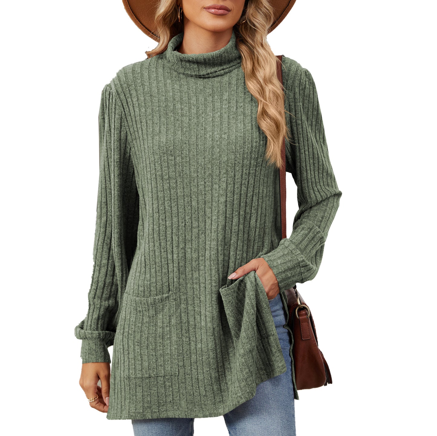 Damen elegantes Oberteil aus strukturierter Strickware mit Stehkragen und Seitentaschen Stalluxe