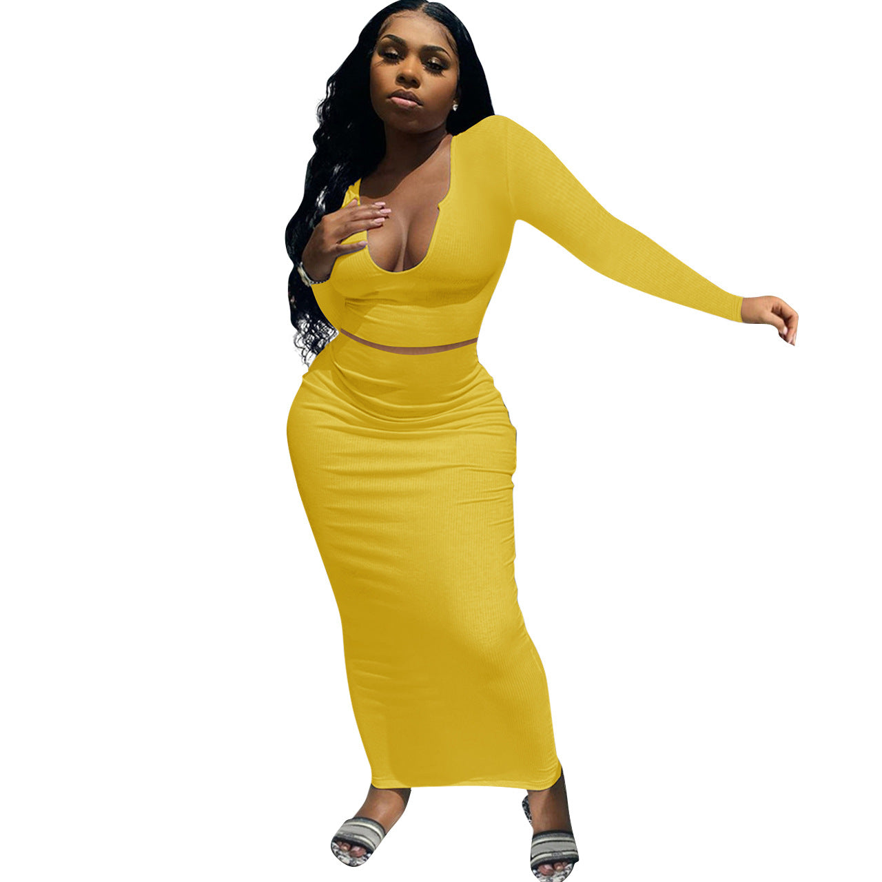 Damen Figurbetontes Maxikleid mit langem Arm und tiefem V-Ausschnitt Stalluxe