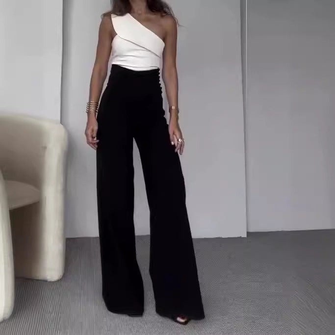 Damen Eleganter Ein-Schulter Jumpsuit mit weitem Bein Stalluxe